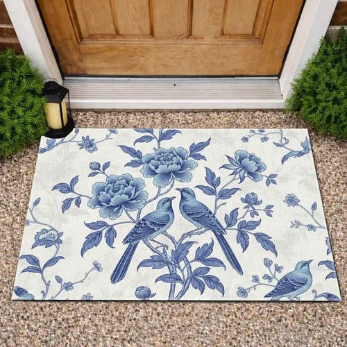 Songbirds Peony Blossoms Chinoiserie Botanical - Home Decor Gift for Bird Lovers Doormat