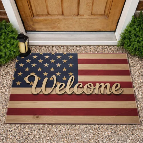 Rustic Wooden Plank American Flag Welcome - Patriotic Home Decor Gift Doormat