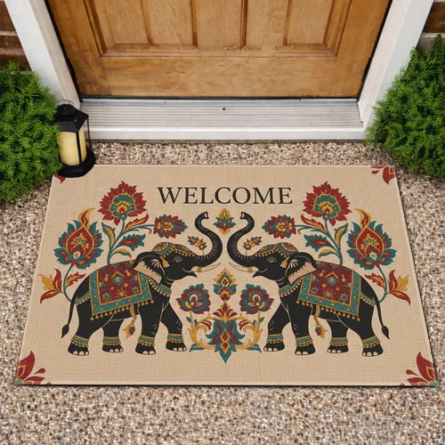 Black Elephant WELCOME Floral Paisley - Home Decor Gift for Elephant Lover Doormat