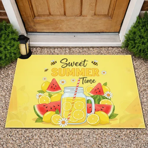 "Sweet SUMMER Time" Watermelon Lemonade Jar Bumblebees Daisies - Summer Home Decor Gift Doormat