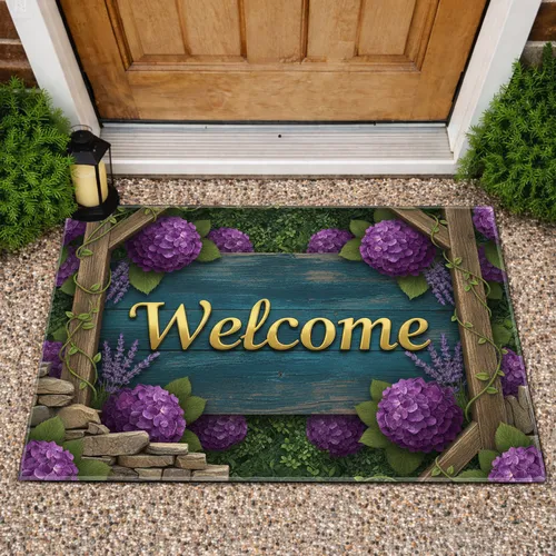 Golden Welcome Hydrangea Lavender Rustic Wood Stone - Farmhouse Home Decor Doormat