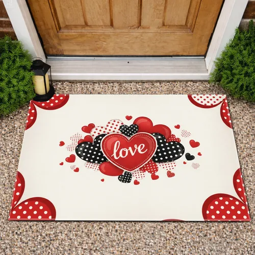 Red Black Hearts Polka Dot Love Script - Anniversary Home Decor Gift Doormat