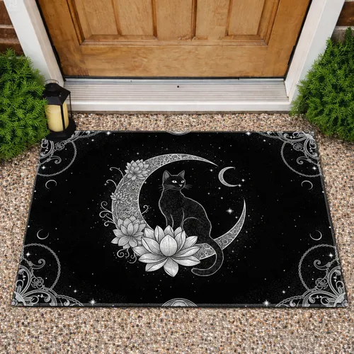 Black Cat Crescent Moon Lotus Flower Celestial - Home Decor Gift for Cat Lover Doormat