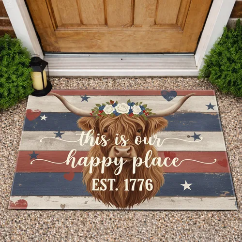 Highland Cow Floral Wreath Patriotic Stars - Independence Day Home Decor for Veterans Doormat