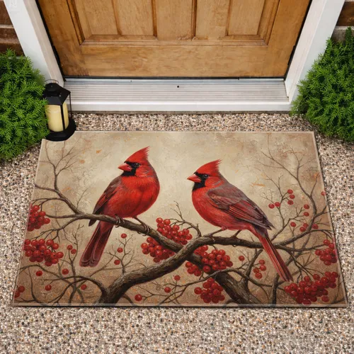 Red Cardinals Winter Berries Gnarled Branch - Winter Decor Gift for Bird Lovers Doormat