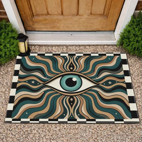 Celestial Eye Wavy Lines Checkerboard Stars - Mystical Home Decor Gift Doormat