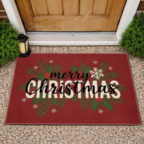 Merry Christmas Snowflake Pine Holly Berries - Rustic Farmhouse Christmas Decor Doormat
