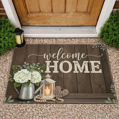 Welcome Home Hydrangea Lantern Rattan Heart - Farmhouse Home Decor Gift Doormat