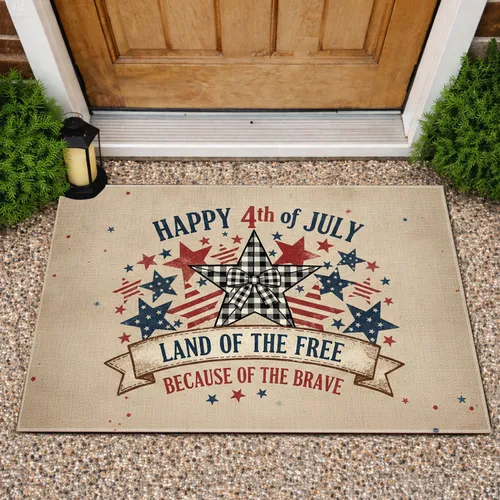 Gingham Star Patriotic Stars Happy 4th of July Banner - Farmhouse Home Decor for Veterans Doormat