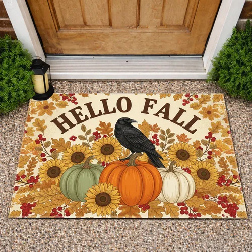 Hello Fall Pumpkins Crow Sunflowers Autumn Leaves Berries - Fall Home Decor Doormat