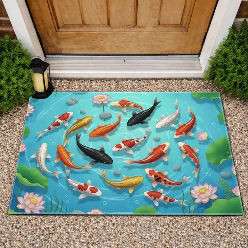Diverse Koi Fish Lotus Lily Pads Pond Water Scene - Home Decor Gift for Nature Lover Doormat