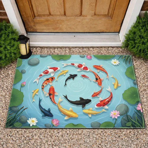 Koi Fish Lotus Water Lily Pond - Garden Decor Gift for Pond Lover Doormat