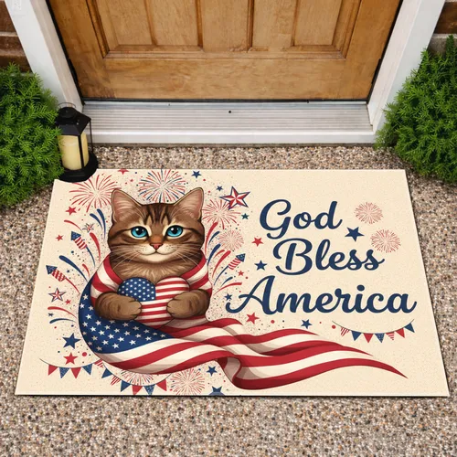 Tabby Cat American Flag Heart God Bless America - Independence Day Gift for Veterans Doormat