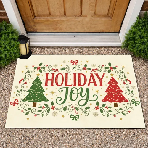 Rustic Christmas Trees Holly Berries Holiday Joy Text - Christmas Home Decor Doormat