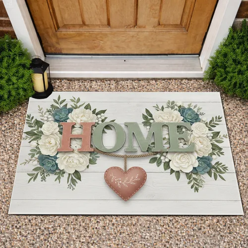 HOME Lettering Heart Botanical Shiplap - Rustic Farmhouse Home Decor Gift Doormat