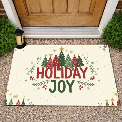 Holiday Joy Christmas Trees Stars Snowflakes Berries - Festive Winter Holiday Home Decor Doormat