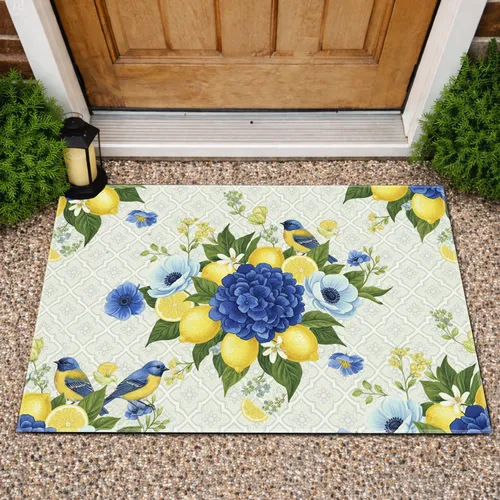 Lemons Blue Flowers Songbirds Geometric Lattice - Home Decor Gift for Garden Lover Doormat