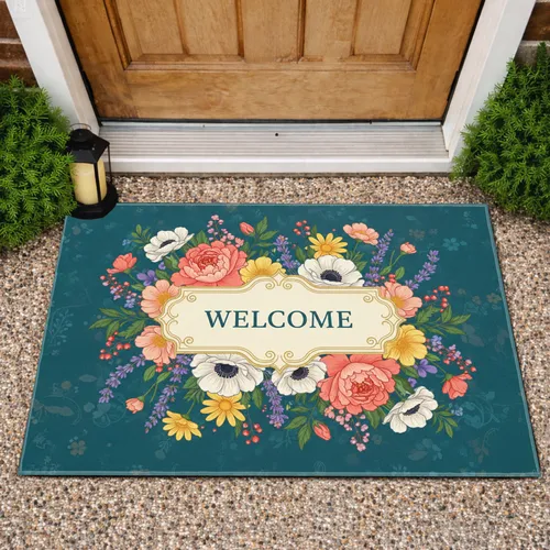 WELCOME Ornate Banner Peonies Poppies Daisies Floral Field - Everyday Welcome Doormat