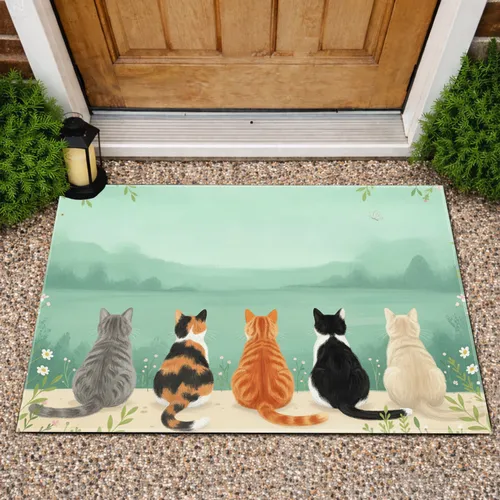 Five Diverse Cats Serene Botanical Garden Landscape Scene - Home Decor Gift for Cat Lovers Doormat