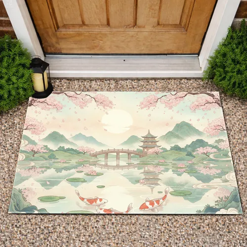 Pagoda Bridge Cherry Blossom Koi Fish Lotus Misty Mountain - Home Decor Gift Doormat