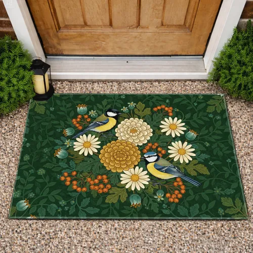 Stylized Birds Chrysanthemum Daisy Autumn Berries - Autumn Home Decor Gift for Bird Lover Doormat