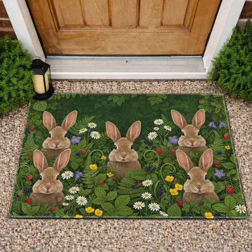 Rabbits Woodland Meadow Wildflowers Berries - Wildlife Lover Home Decor Gift Doormat
