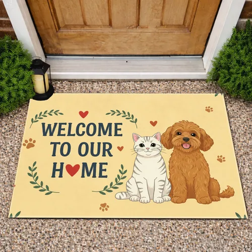 Welcome Home Cat Dog Hearts Paw Prints - Home Decor Gift for Pet Lovers Doormat
