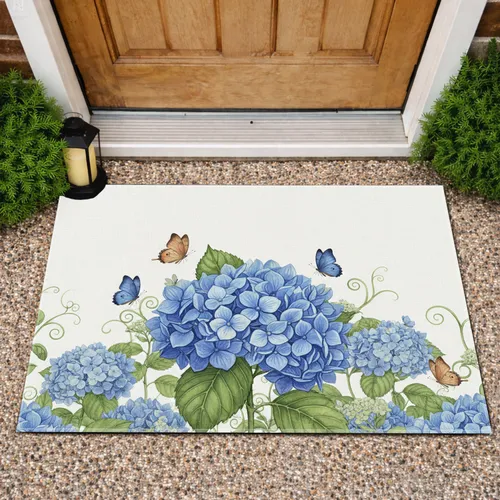 Blue Hydrangea Butterflies - Home Decor Gift for Garden Lover Doormat