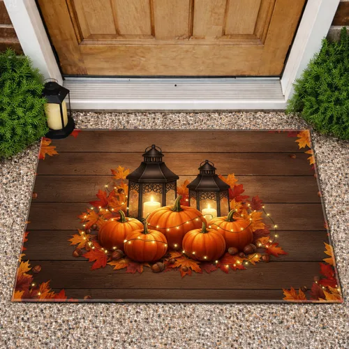 Orange Pumpkins Black Lanterns Autumn Foliage - Fall Home Decor Gift Doormat