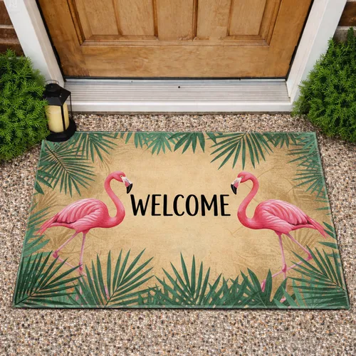 Pink Flamingo Welcome Tropical Palm - Housewarming Home Decor Gift Doormat