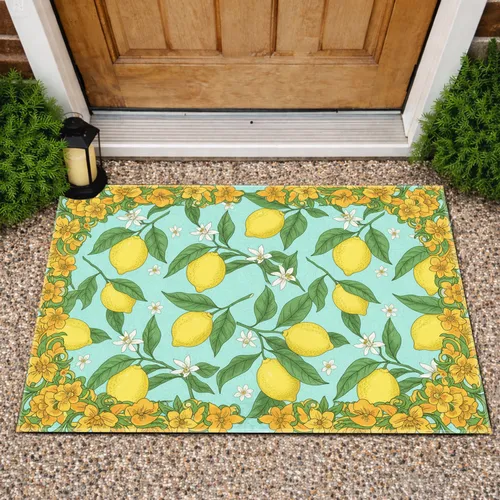 Yellow Lemons Green Leaves White Flowers Border - Everyday Home Decor Gift Doormat
