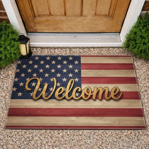 Welcome Wood Plank American Flag - Independence Day Home Decor Gift for Flag Lovers Doormat