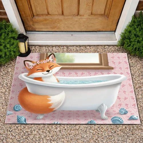 Fox in Bathtub Floral Crown - Home Decor Gift for Fox Lovers Doormat