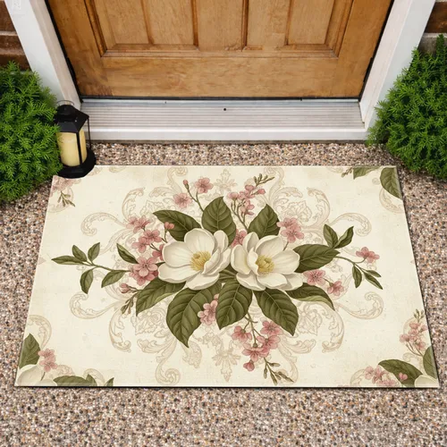 Cream Magnolia Pink Floral Botanical Stems Foliage - Home Decor Gift for Garden Lover Doormat