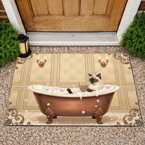 Siamese Cat Antique Clawfoot Bathtub Rose Petals - Home Decor Gift for Cat Lovers Doormat