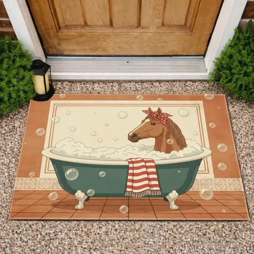 Relaxing Horse Vintage Clawfoot Bathtub Red Head-wrap Terracotta Floor - Home Decor Gift Doormat
