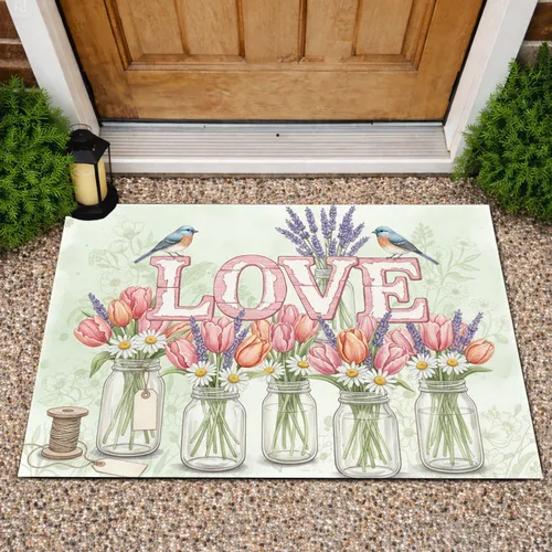 LOVE Rustic Planks Spring Flowers Songbirds Glass Jars - Farmhouse Home Decor Doormat