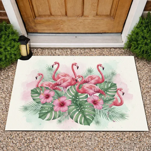 Vibrant Pink Flamingos Tropical Monstera Palm Leaf Hibiscus - Home Decor Gift Doormat