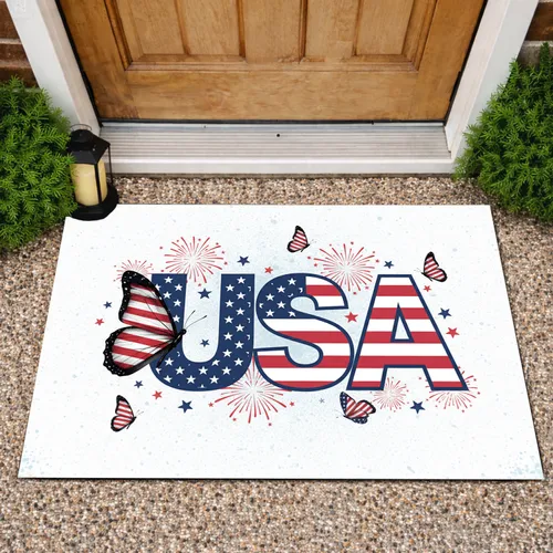 USA Letters Patriotic Butterflies Starburst Fireworks - Independence Day Celebration Doormat