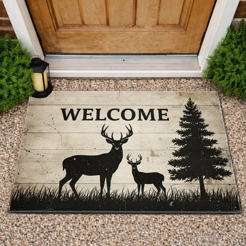 WELCOME Stag Deer Silhouette Rustic Weathered Wood - Farmhouse Home Decor Gift Doormat