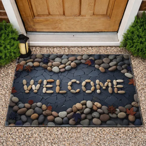 WELCOME Stone Text River Stones Slate Mosaic - Home Decor Gift Doormat