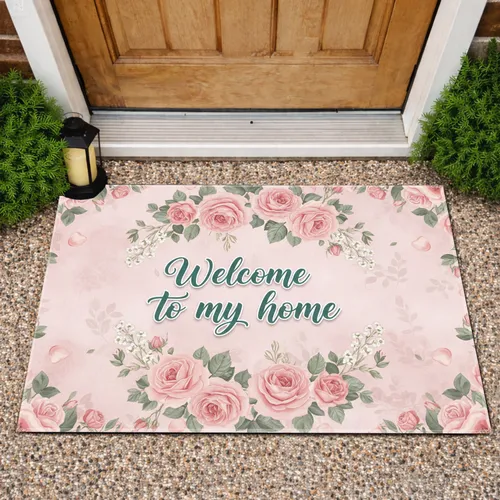 Welcome To My Home Cursive Script Pink Rose Greenery White Blossom Wreath - Home Decor Gift Doormat