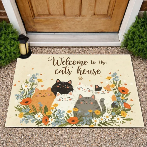 Welcome Cats Wildflower Hearts - Farmhouse Decor Gift for Cat Lover Doormat