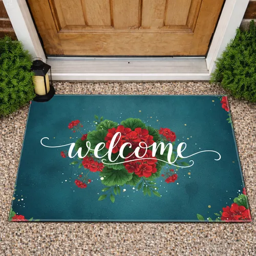 Welcome Geranium Garden Floral - Home Decor Gift for Garden Lover Doormat