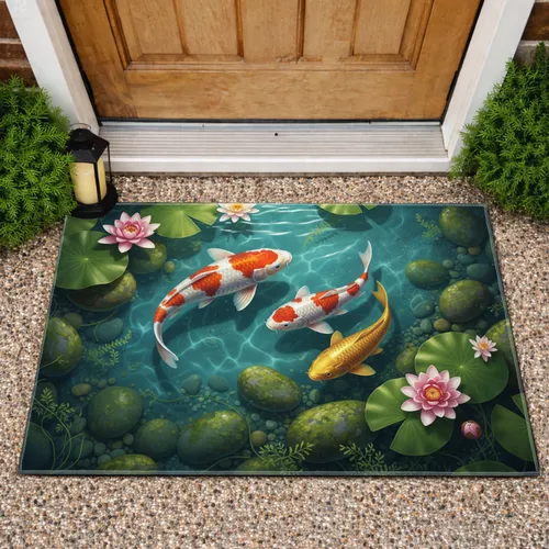 White Orange Yellow Koi Fish Green Lily Pads Pink Water Lilies Pond Rocks - Home Decor Gift Doormat