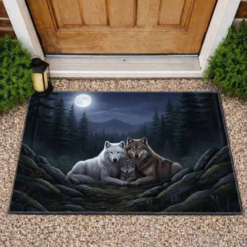 Wolf Family Forest Moonlit Night - Wildlife Lover Home Decor Gift Doormat