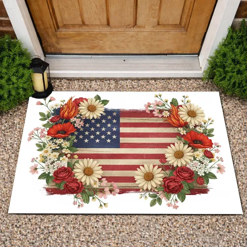 Weathered American Flag Floral - Patriotic Home Decor Gift Doormat