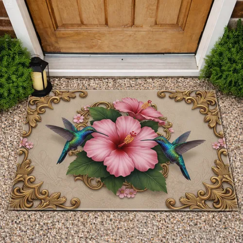 Hummingbird Hibiscus Ornate Floral - Home Decor Gift for Garden Lover Doormat