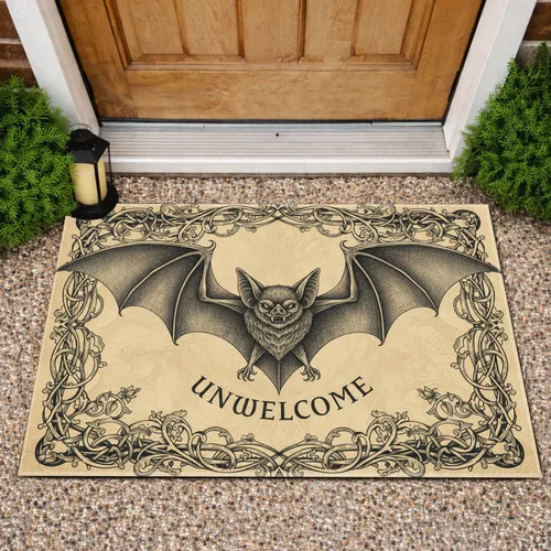 Parchment Gothic Bat Unwelcome Text Scrollwork - Home Decor Gift for Goth Lover Doormat