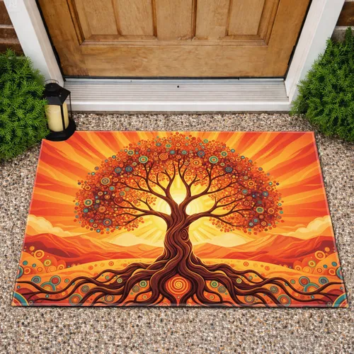 Tree of Life Colorful Leaves Sunburst Sky Colorful Roots Home Decor Gift Doormat